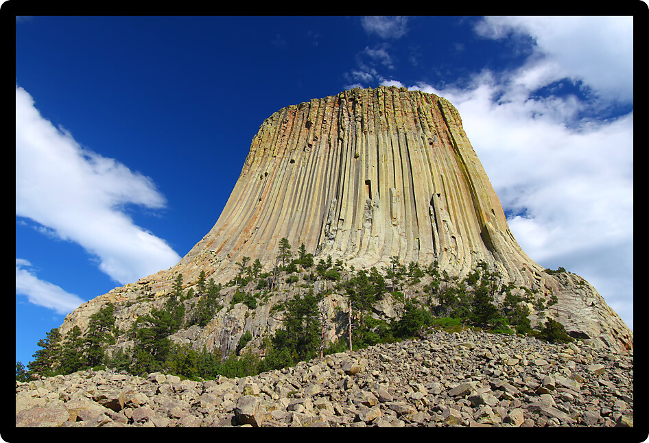 Devils Tower National Monument rises prominently from the landscape of northeastern Wyoming.