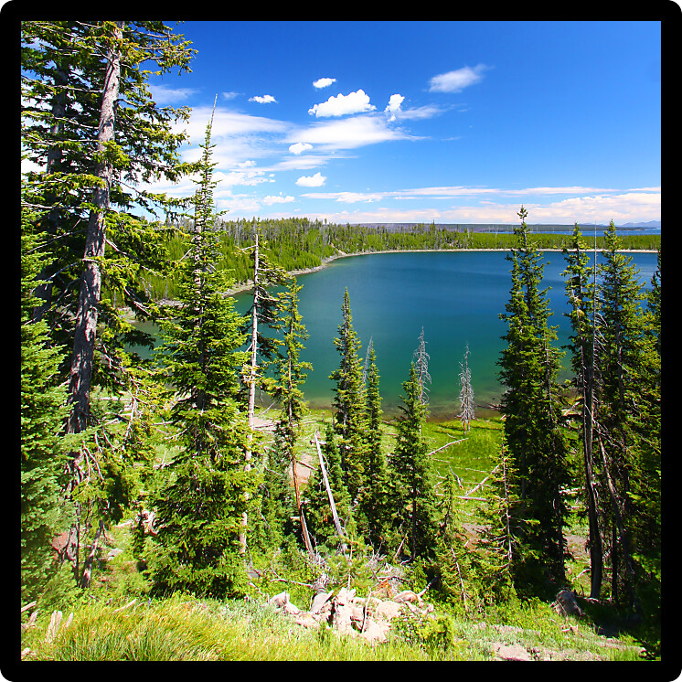 Beautiful blue waters Duck Lake in Yellowstone National Park of Wyoming.