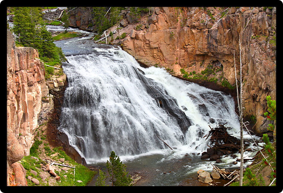 Gibbon Falls lows through the canyons of Yellowstone National Park in the United States.