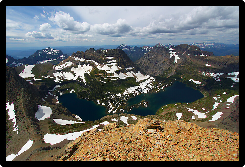 Hidden Lake of Glacier National Park seen from the summit of Mount Reynolds.