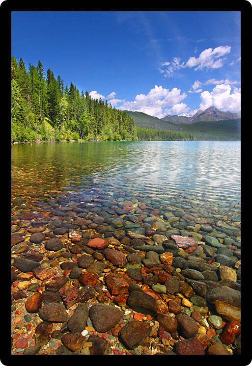 Pretty rocks seen through the crystal clear waters of Kintla Lake in Glacier National Park.