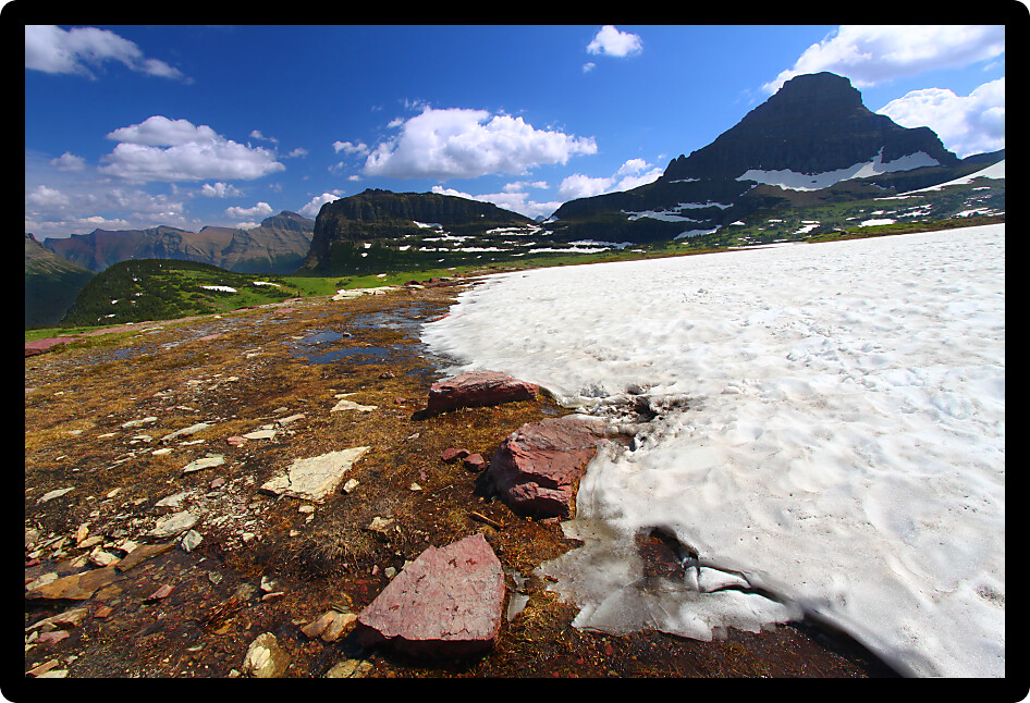 Snow remains even in late August at Logan Pass of Glacier National Park USA.