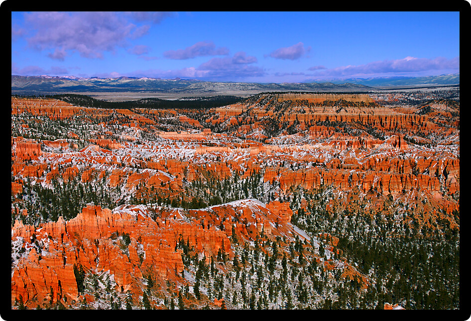 Hoodoos of Bryce Canyon National Park in Utah capped with snow.