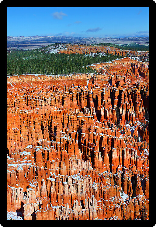 Beautiful orange hoodoos of Bryce Canyon National Park on chilly day.