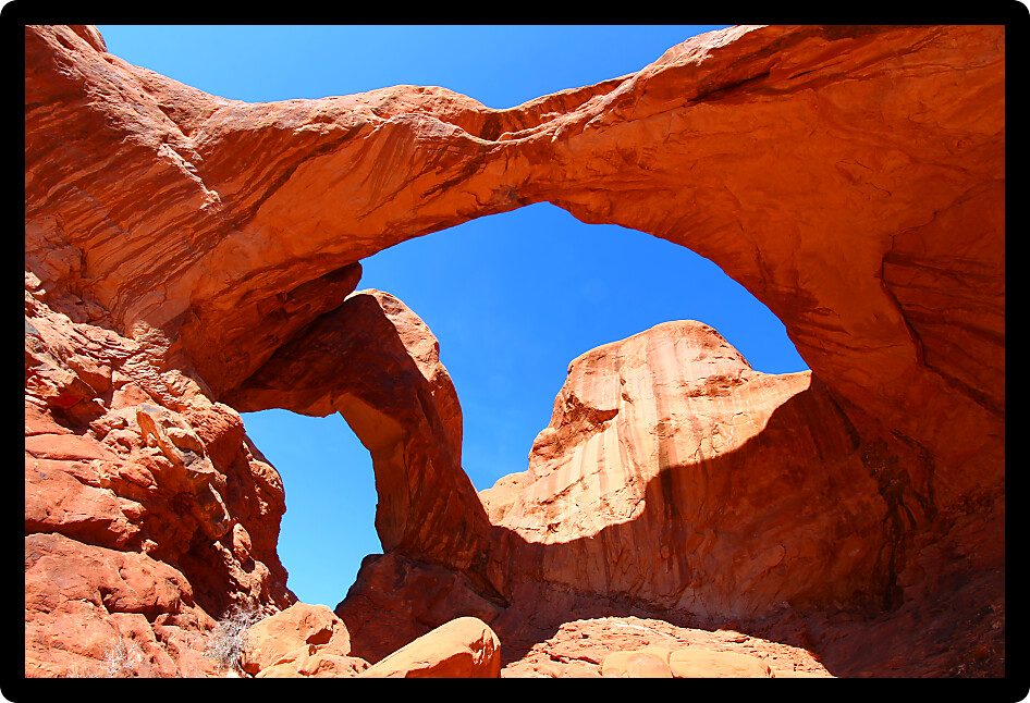 Double Arch spans the valley floor of Arches National Park in Utah.