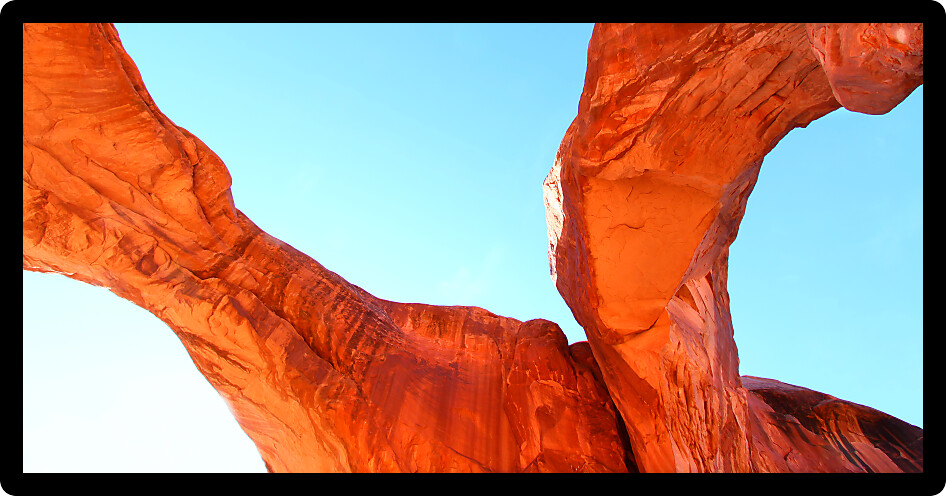 View below Double Arch of Arches National Park in Utah.
