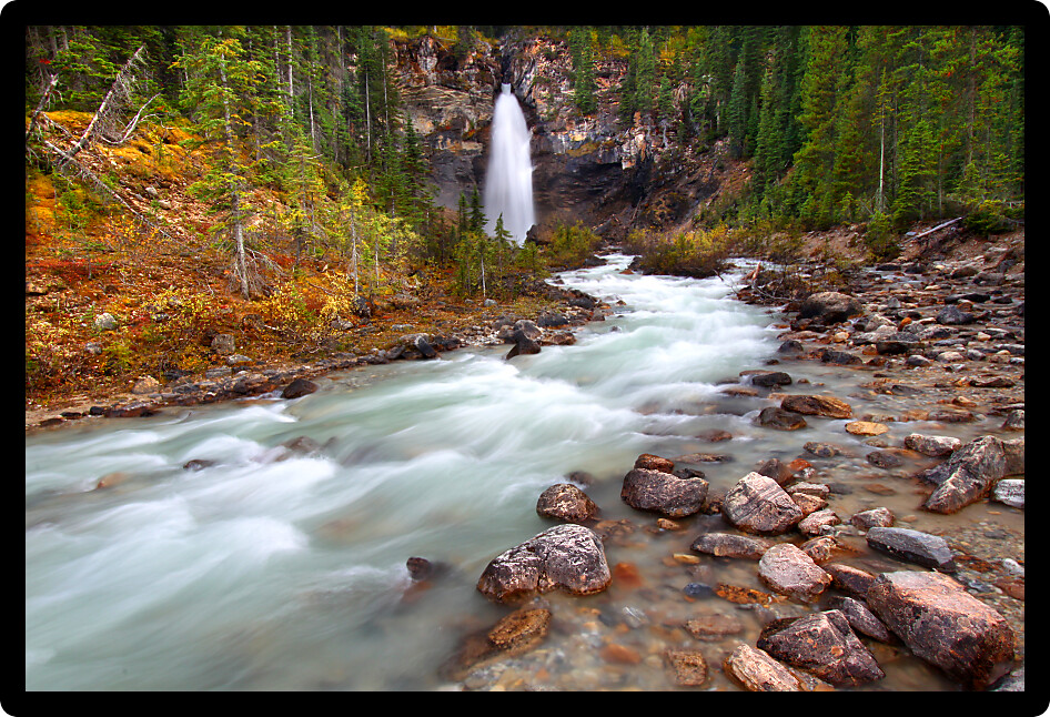 Cascades of the river below Laughing Falls of Yoho National Park Canada.