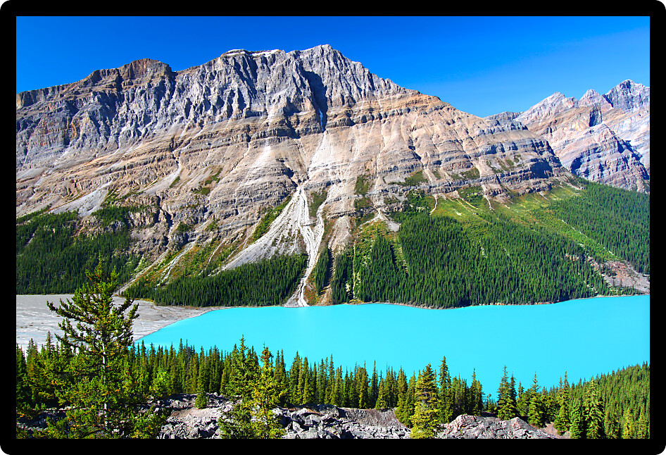 Bright blue glacial waters of Peyto Lake of Banff National Park in Canada.
