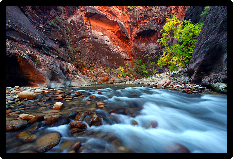 Virgin River cascades in the The Narrows of Zion Canyon southwest Utah.