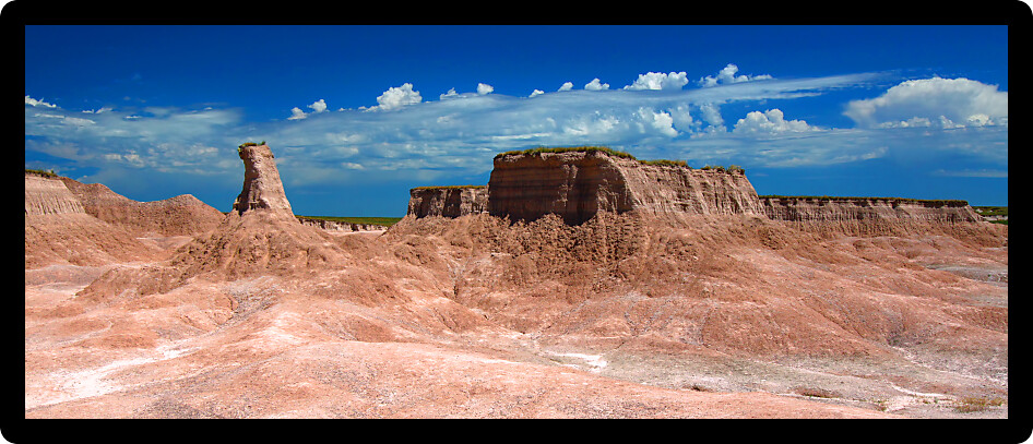 Panorama of the rugged rock formations found in Badlands National Park.