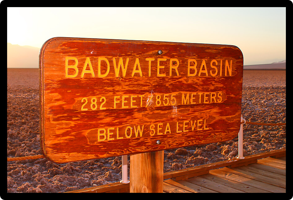 Sign at the Badwater Basin of California marking the lowest elevation in North America 