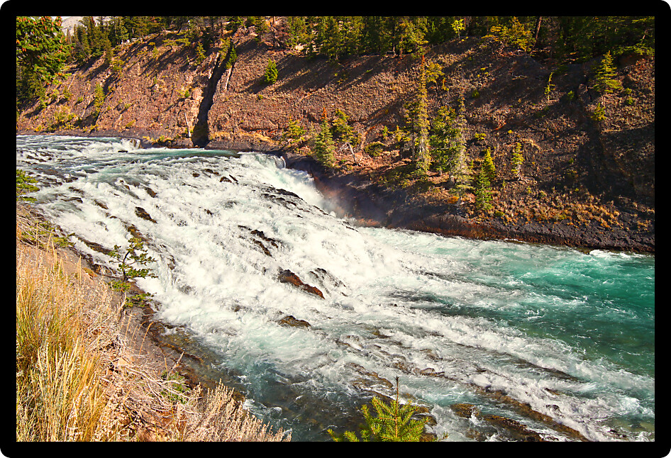 View of Bow Falls flowng through the woodlands of Canada near Banff Alberta.