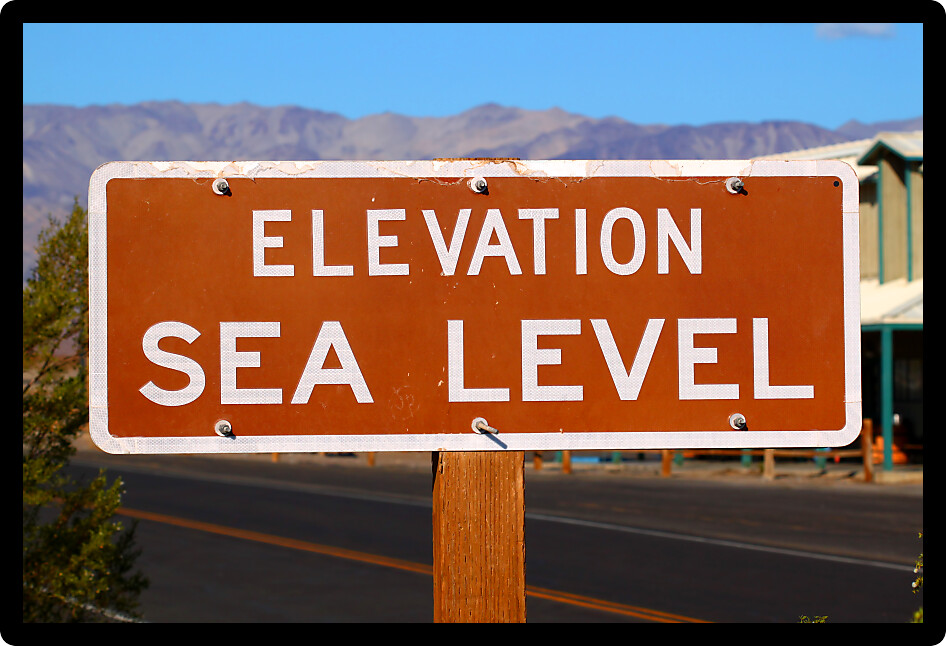 Sign denoting Elevation at Sea Level in the Stovepipe Wells Village of Death Valley National Park.