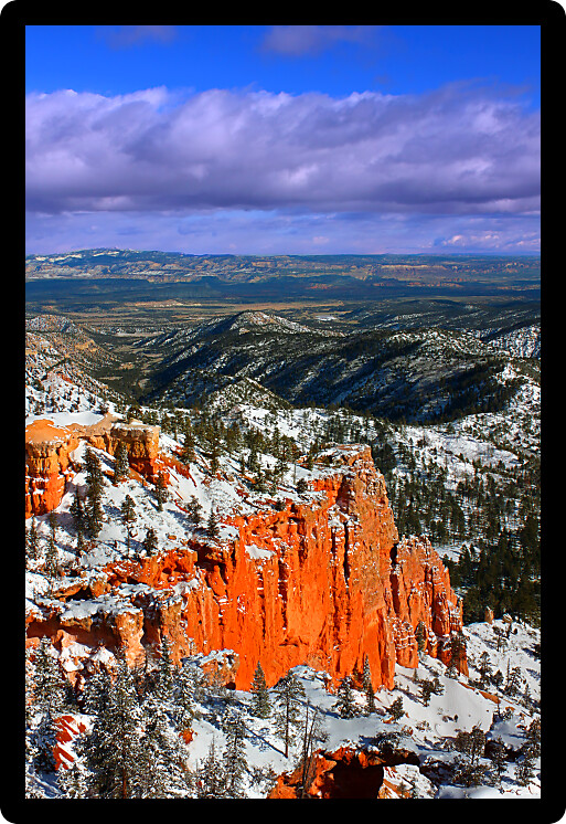 View of snow covered cliffs from Farview Point in Bryce Canyon National Park.