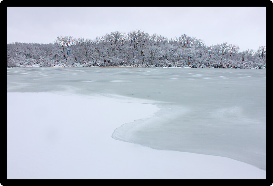 Fresh snowfall over a lake in northern Illinois on a cold winter day.