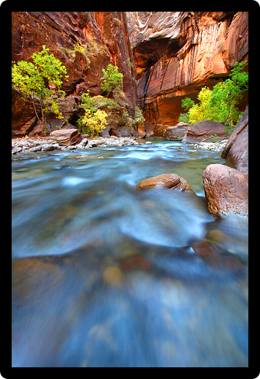 Shallow rapids of the Virgin River Narrows in Zion National Park of Utah.