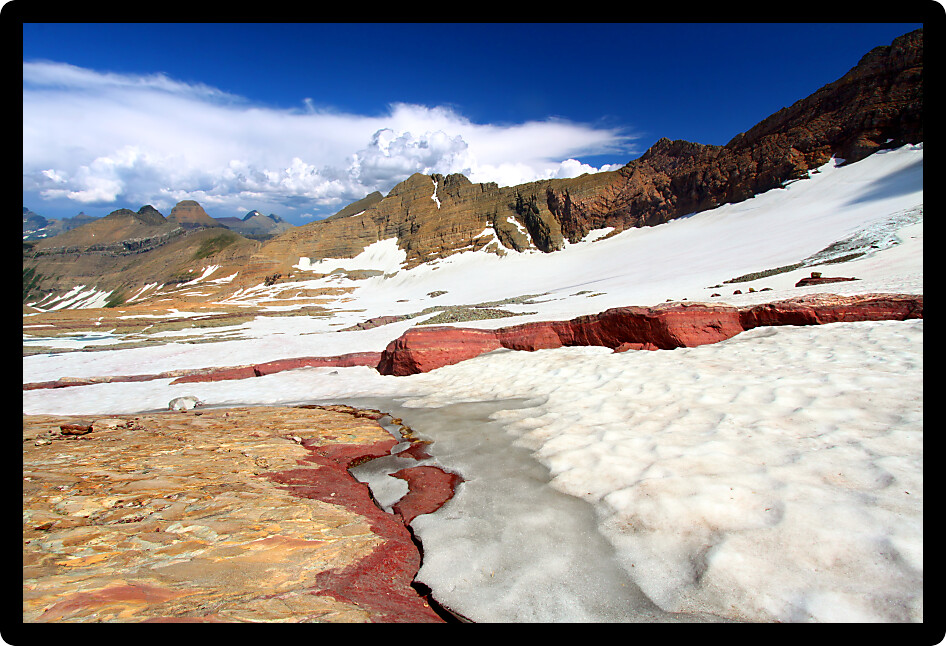 Snow and glacial rock at the Sperry Glacier in Glacier National Park of Montana.