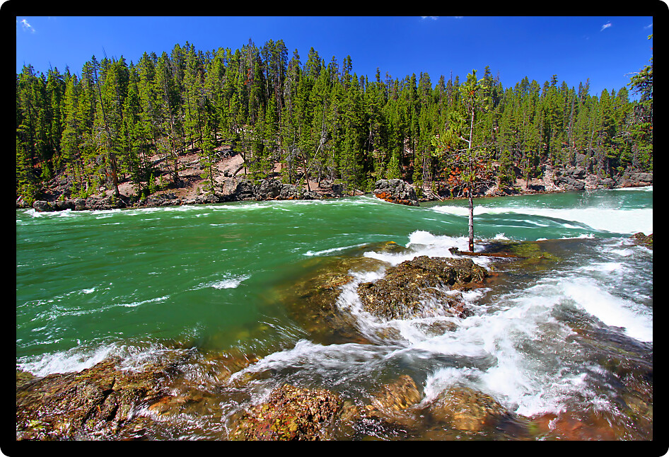 Swift current and rapids of the Yellowstone River fueled by snowmelt of the previous winter.