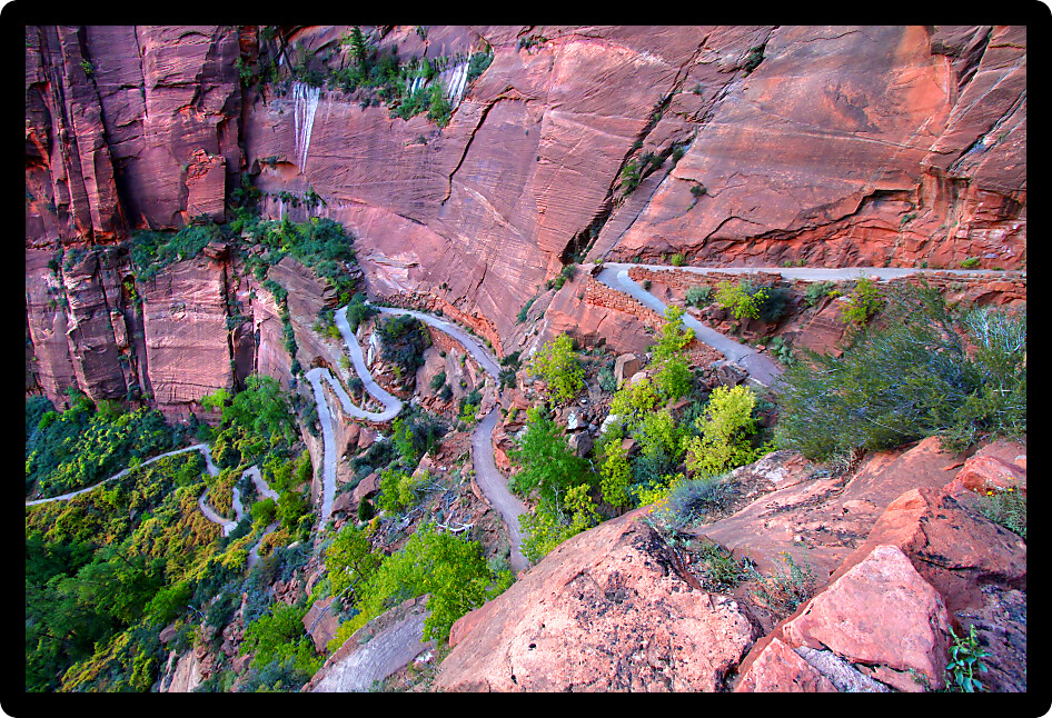 Switchbacks of the Angels Landing Trail wind down the walls of Zion Canyon in Utah.